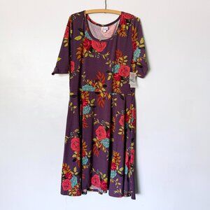 NWT size 3XL Lularoe Nicole dark purple dress floral roses polyester NEW comfy